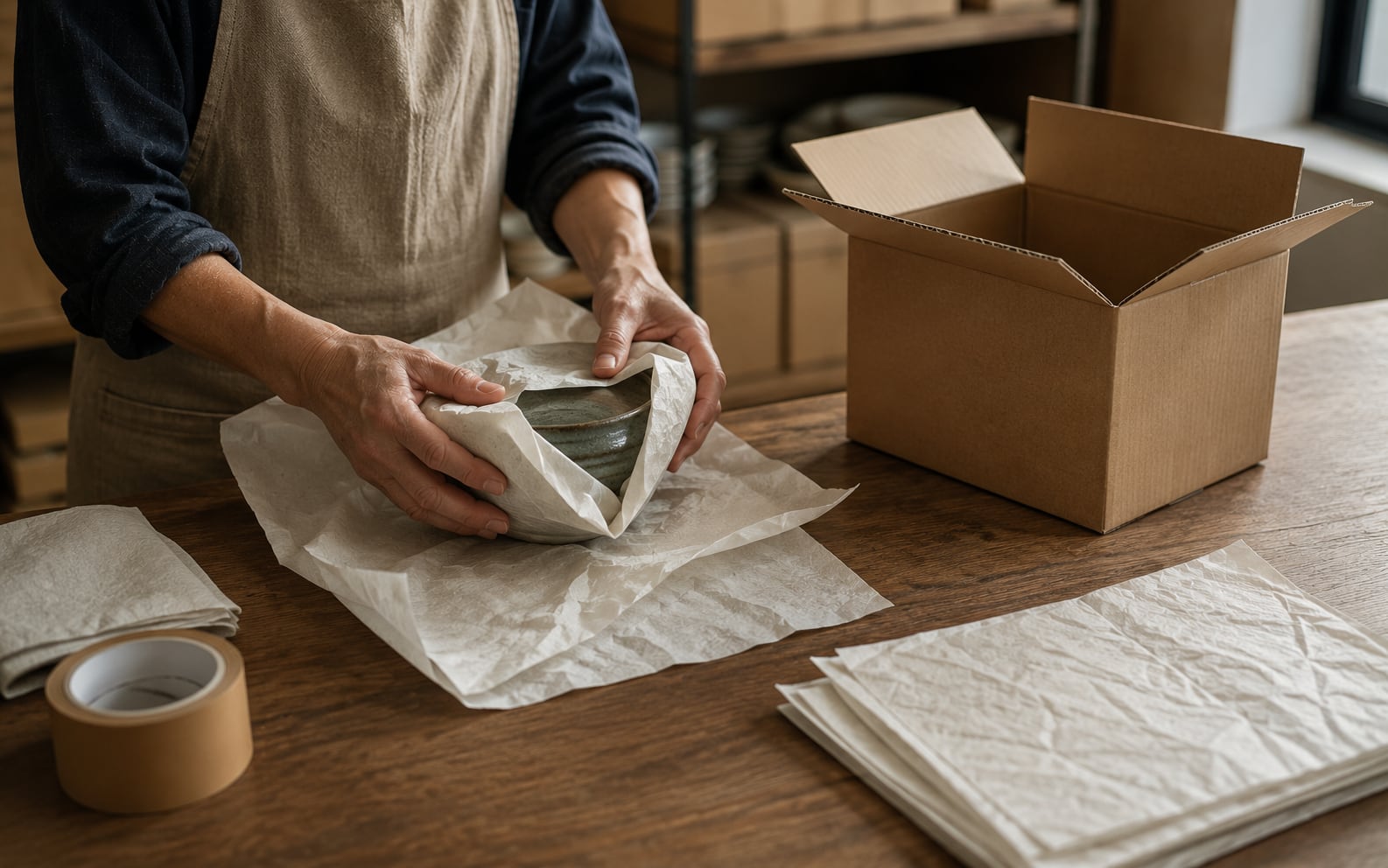 器を薄紙でていねいに包む手元と、出荷を待つ段ボール箱